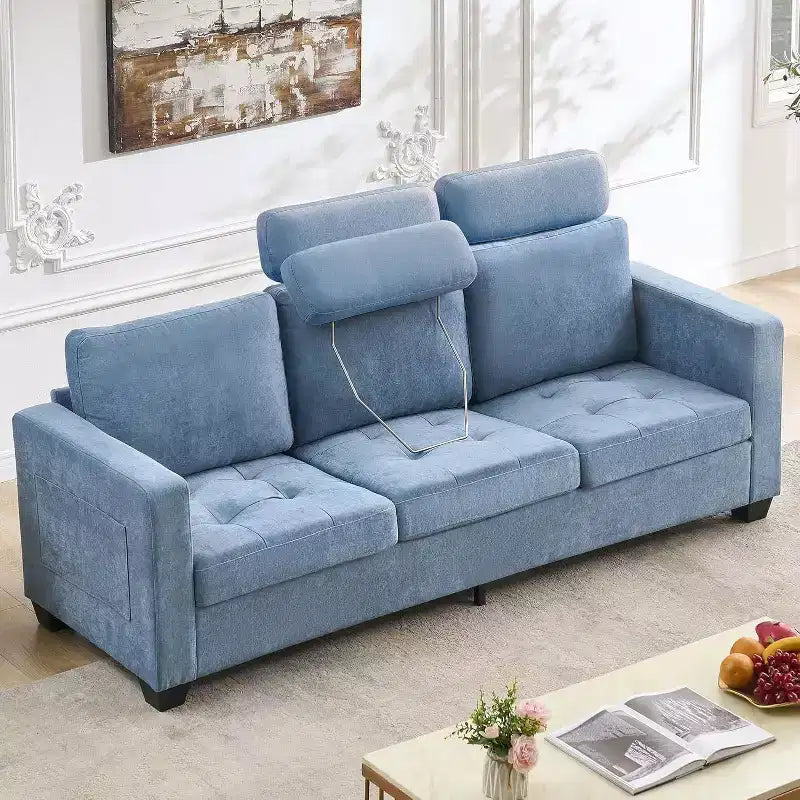 Canapé 3 places en chenille Acekool, canapé rembourré de 226 cm avec appuie-tête, accoudoirs larges et poches de rangement latérales, bleu, canapé de salon moderne