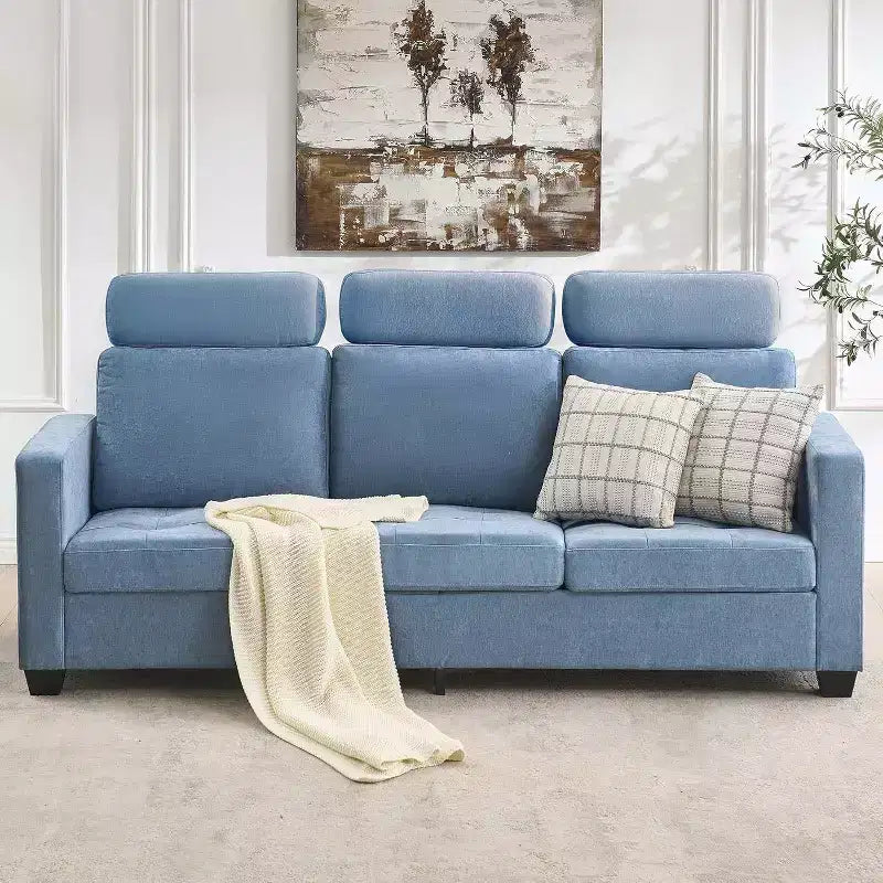 Canapé 3 places en chenille Acekool, canapé rembourré de 226 cm avec appuie-tête, accoudoirs larges et poches de rangement latérales, bleu, canapé de salon moderne