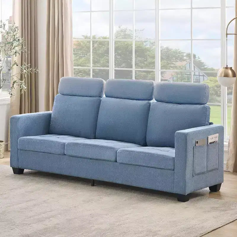 Canapé 3 places en chenille Acekool, canapé rembourré de 226 cm avec appuie-tête, accoudoirs larges et poches de rangement latérales, bleu, canapé de salon moderne