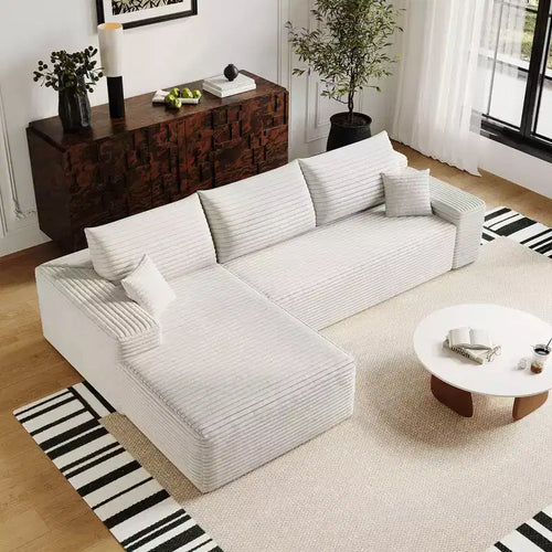 Canapé sectionnel nuage en tissu velours côtelé blanc de 272 cm avec chaise longue en forme de L, canapé modulaire moderne avec assise profonde