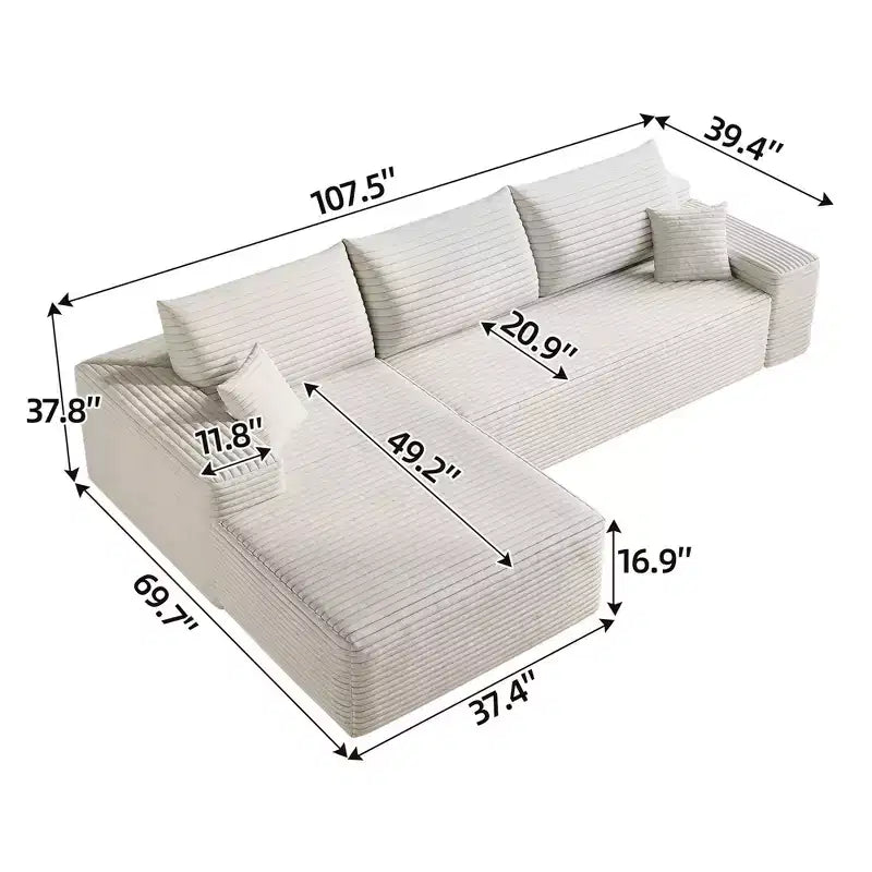 Canapé sectionnel nuage en tissu velours côtelé blanc de 272 cm avec chaise longue en forme de L, canapé modulaire moderne avec assise profonde