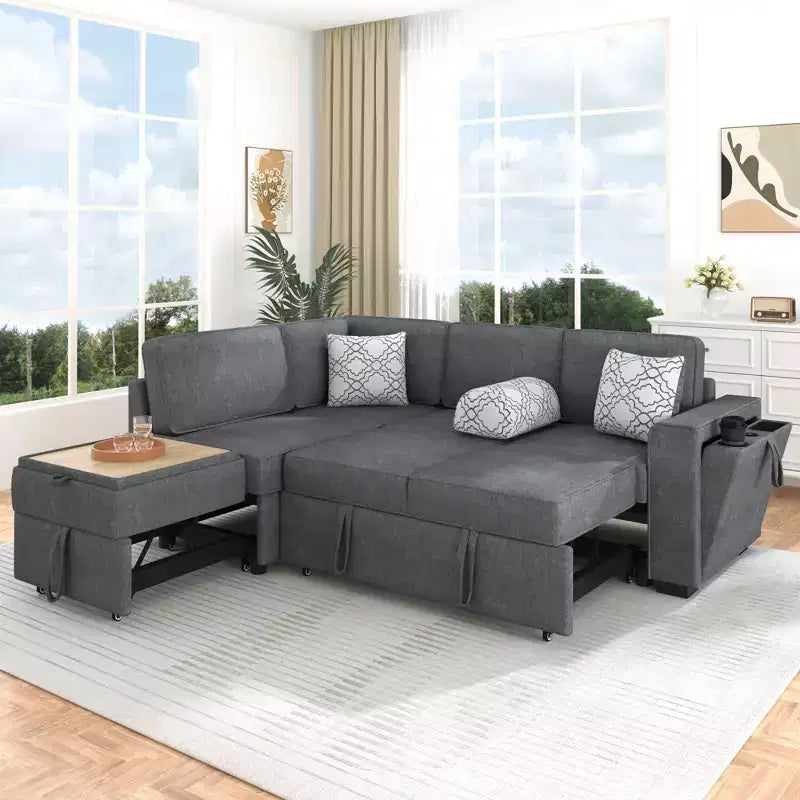 Polibi Convertible L-Shaped Sleeper Sectional Sofa with Dual Pull-Out Beds