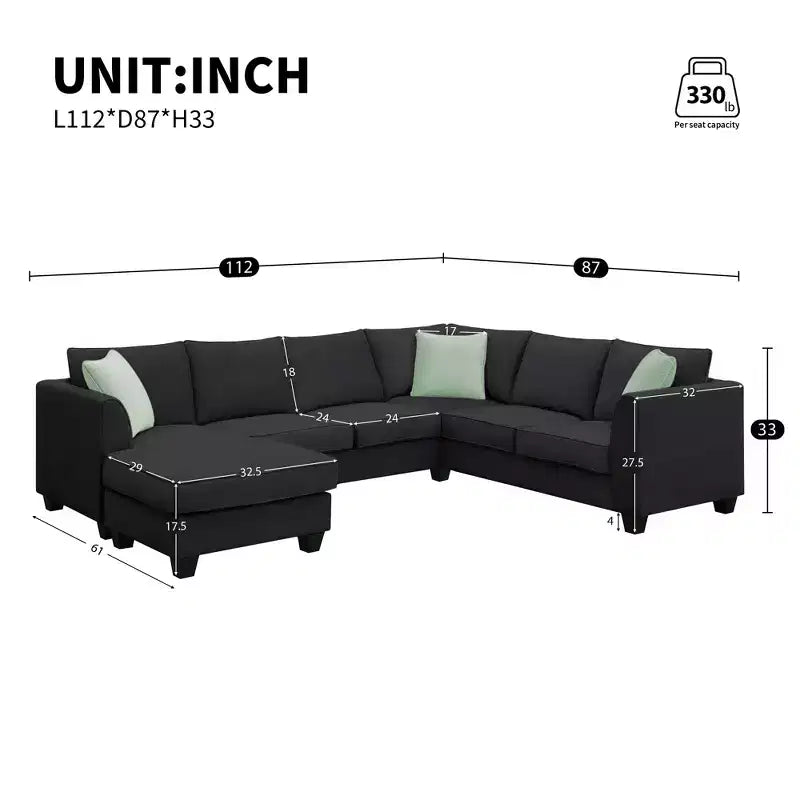 Canapé d'angle modulable moderne 7 places en L avec pouf et 3 coussins, 284x221cm