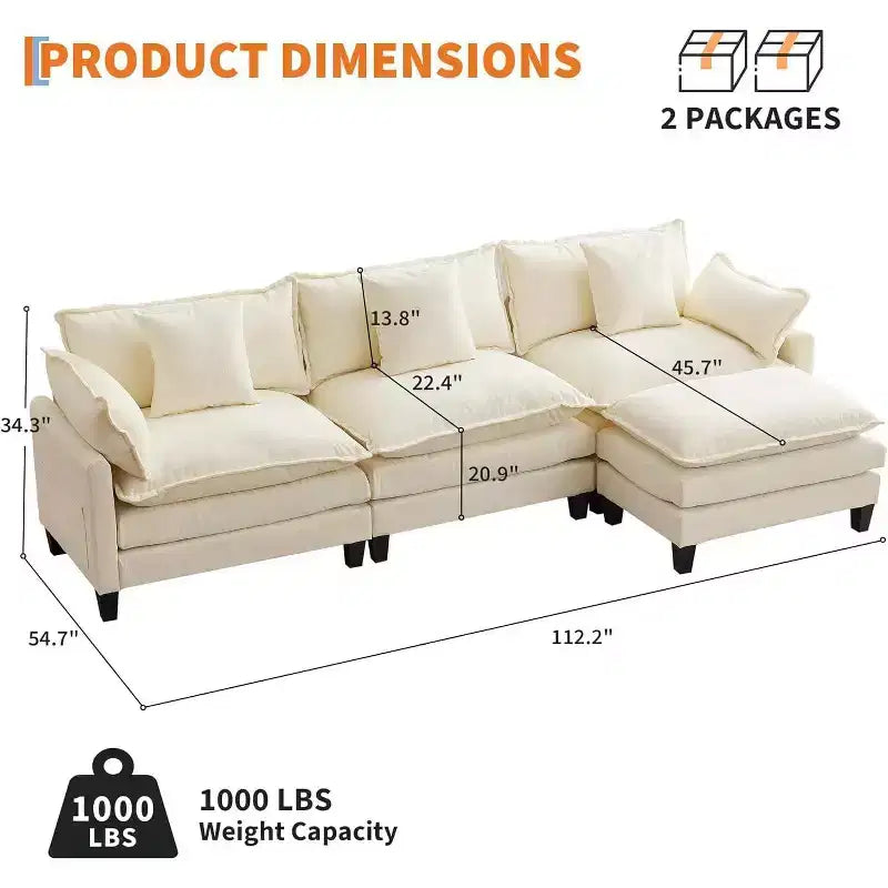 Canapé modulable 3 places Acekool 112 avec ottoman, canapé rembourré confortable et profond avec oreillers pour salon, chambre, appartement