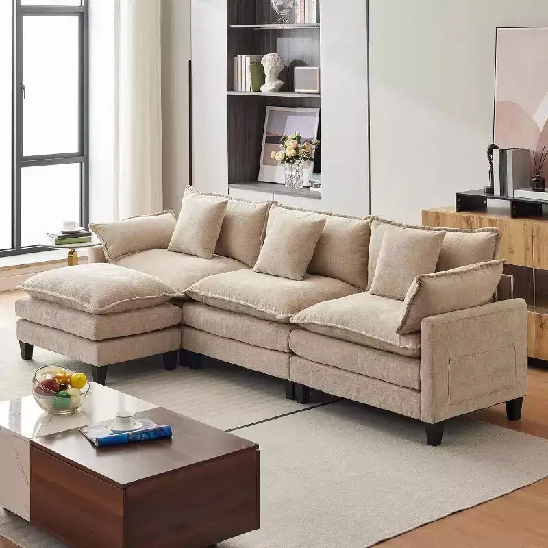Canapé modulable 3 places Acekool 112 avec ottoman, canapé rembourré confortable et profond avec oreillers pour salon, chambre, appartement