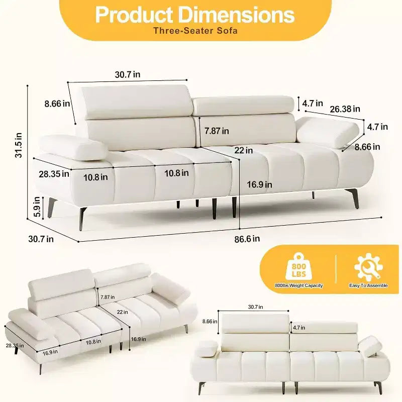 Canapé-lit futon Acekool 86'', convertible 3 places avec dossier et appuie-tête réglables, en similicuir, pour salon, canapé