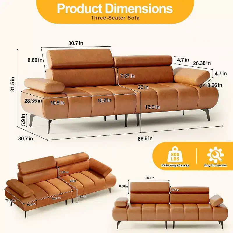 Canapé-lit futon Acekool 86'', convertible 3 places avec dossier et appuie-tête réglables, en similicuir, pour salon, canapé