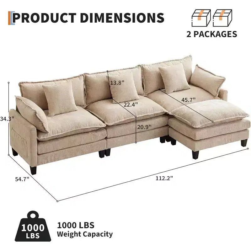 112.2 Canapé modulable Cloud, Canapé d'angle modulable pour salon avec pouf mobile, Canapé Cloud 3 places en chenille avec assise profonde