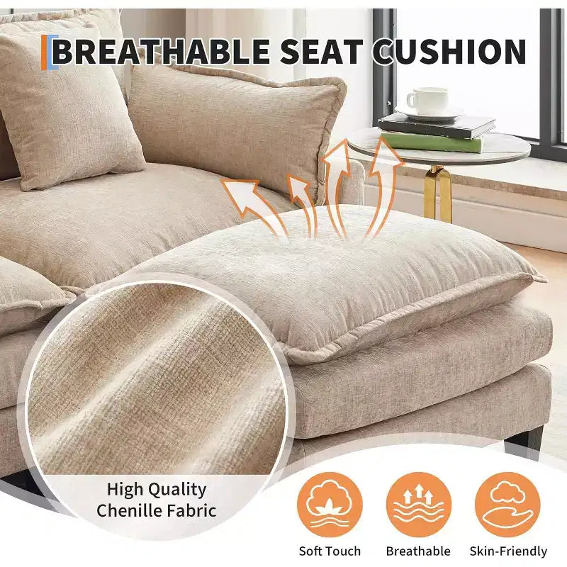 112.2 Canapé modulable Cloud, Canapé d'angle modulable pour salon avec pouf mobile, Canapé Cloud 3 places en chenille avec assise profonde