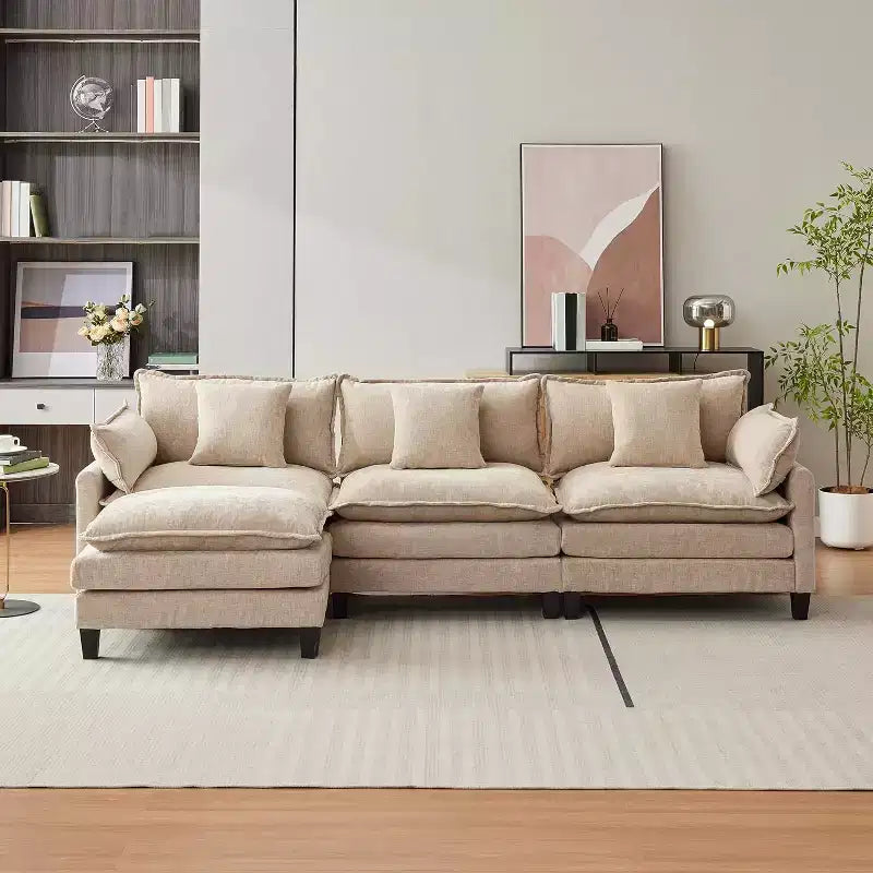 112.2 Canapé modulable Cloud, Canapé d'angle modulable pour salon avec pouf mobile, Canapé Cloud 3 places en chenille avec assise profonde