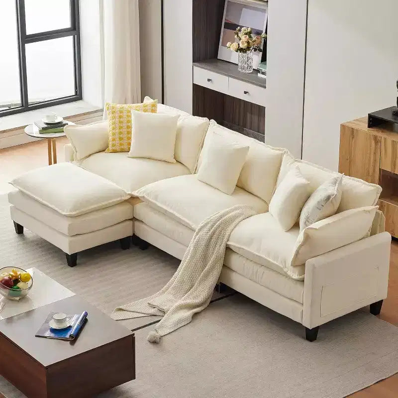 112.2 Canapé modulable Cloud, Canapé d'angle modulable pour salon avec pouf mobile, Canapé Cloud 3 places en chenille avec assise profonde