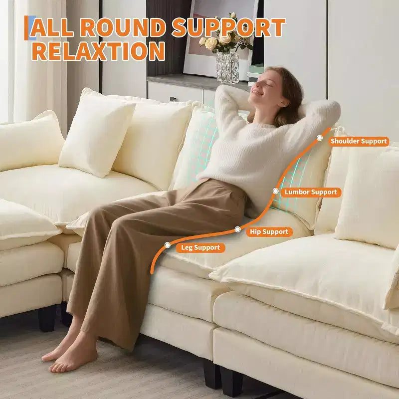 112.2 Canapé modulable Cloud, Canapé d'angle modulable pour salon avec pouf mobile, Canapé Cloud 3 places en chenille avec assise profonde