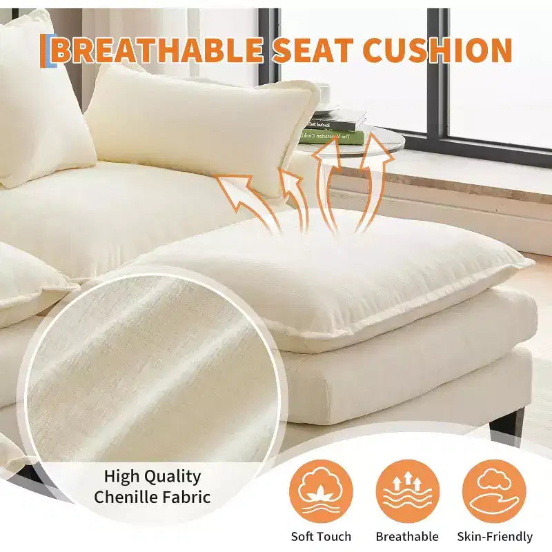 112.2 Canapé modulable Cloud, Canapé d'angle modulable pour salon avec pouf mobile, Canapé Cloud 3 places en chenille avec assise profonde