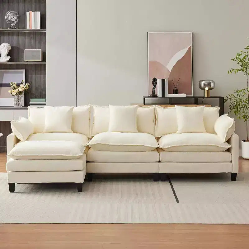 112.2 Canapé modulable Cloud, Canapé d'angle modulable pour salon avec pouf mobile, Canapé Cloud 3 places en chenille avec assise profonde