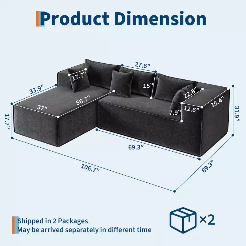 Canapés modulaires pour le salon, Canapé d'angle en L avec assise profonde, Canapé rembourré pour la chambre, Aucun assemblage requis, Chenille