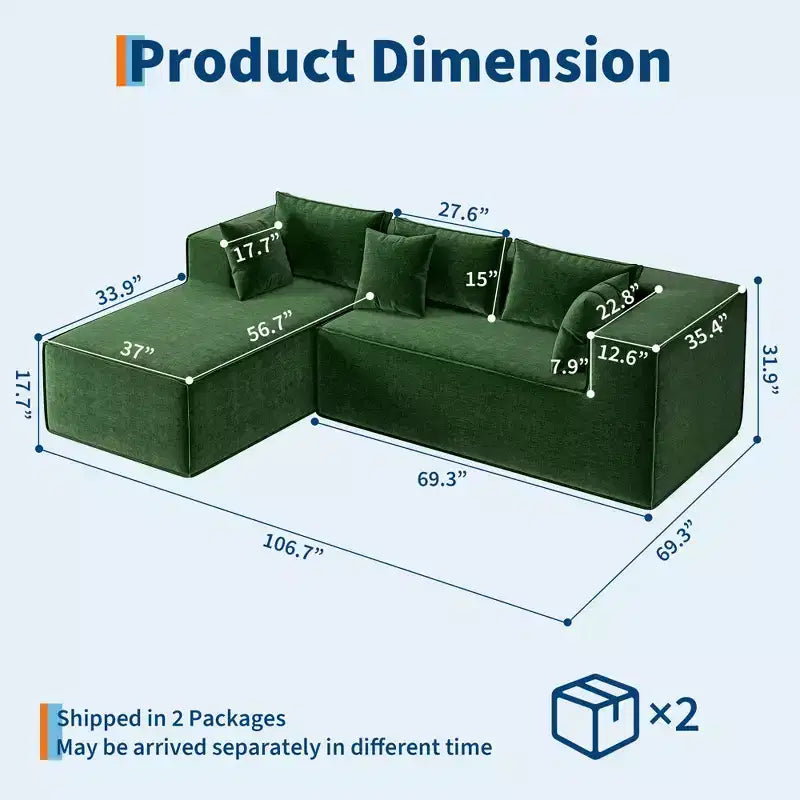 Canapés modulaires pour le salon, Canapé d'angle en L avec assise profonde, Canapé rembourré pour la chambre, Aucun assemblage requis, Chenille