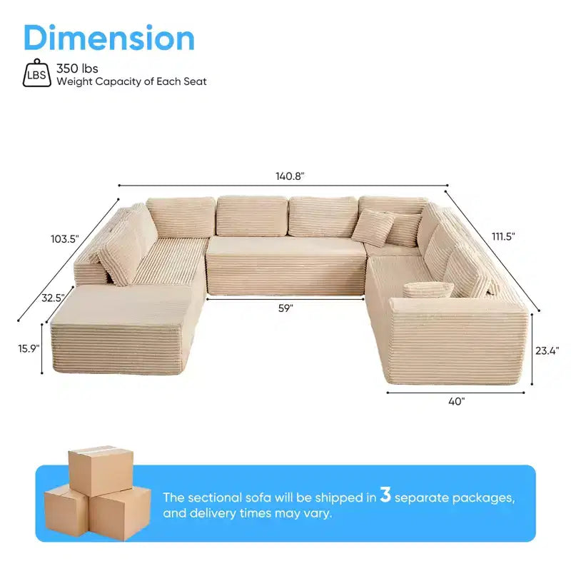 Canapé modulaire en velours côtelé Mjkone 141'' de profondeur, canapé moderne 8 places en forme de U avec pouf mobile