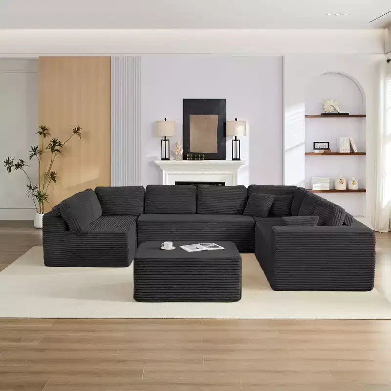Canapé modulaire en velours côtelé Mjkone 141'' de profondeur, canapé moderne 8 places en forme de U avec pouf mobile