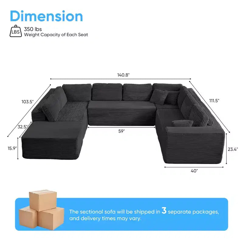 Canapé modulaire en velours côtelé Mjkone 141'' de profondeur, canapé moderne 8 places en forme de U avec pouf mobile