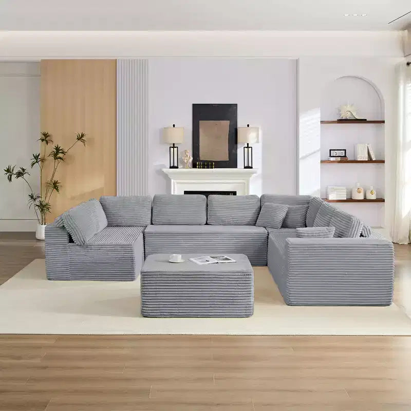Canapé modulaire en velours côtelé Mjkone 141'' de profondeur, canapé moderne 8 places en forme de U avec pouf mobile