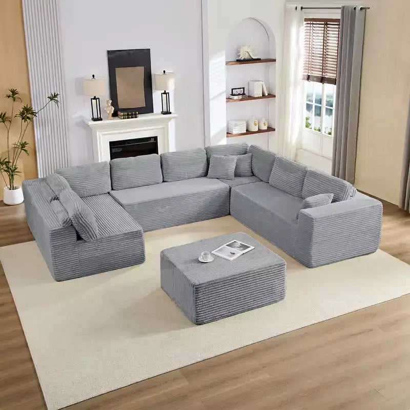 Canapé modulaire en velours côtelé Mjkone 141'' de profondeur, canapé moderne 8 places en forme de U avec pouf mobile