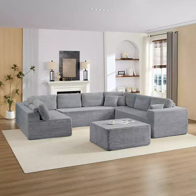 Canapé modulaire en velours côtelé Mjkone 141'' de profondeur, canapé moderne 8 places en forme de U avec pouf mobile