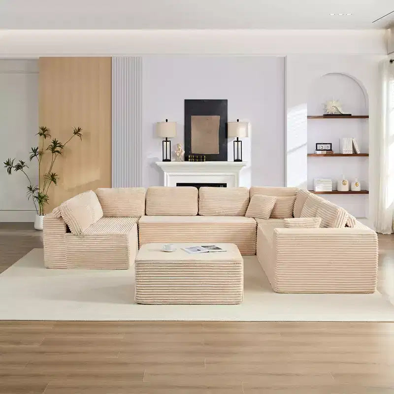 Mjkone Corduroy 141'' Deep Seat Modular Sectional Sofa, Modern 8-Seater U-Shape Sofa Couch with Moveable Ottoman