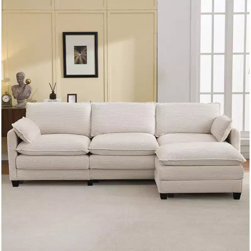 Hyleory Corduroy L-Shaped Sectional Sofa, 3-Seater Couch with Movable Ottoman, Modular Living Room Furniture for Apartments