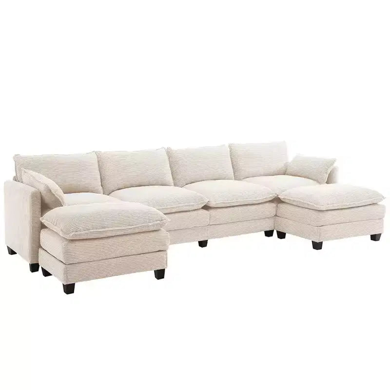 Canapé sectionnel en velours côtelé en forme de U Hyleory, canapé 4 places avec 2 poufs mobiles, mobilier de salon modulable