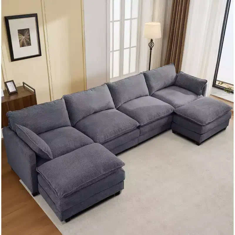 Canapé sectionnel en velours côtelé en forme de U Hyleory, canapé 4 places avec 2 poufs mobiles, mobilier de salon modulable