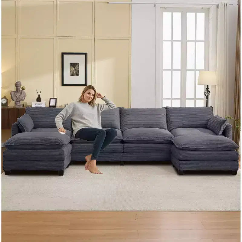 Canapé sectionnel en velours côtelé en forme de U Hyleory, canapé 4 places avec 2 poufs mobiles, mobilier de salon modulable