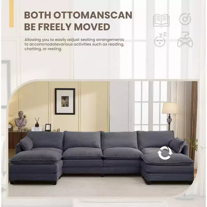 Canapé sectionnel en velours côtelé en forme de U Hyleory, canapé 4 places avec 2 poufs mobiles, mobilier de salon modulable