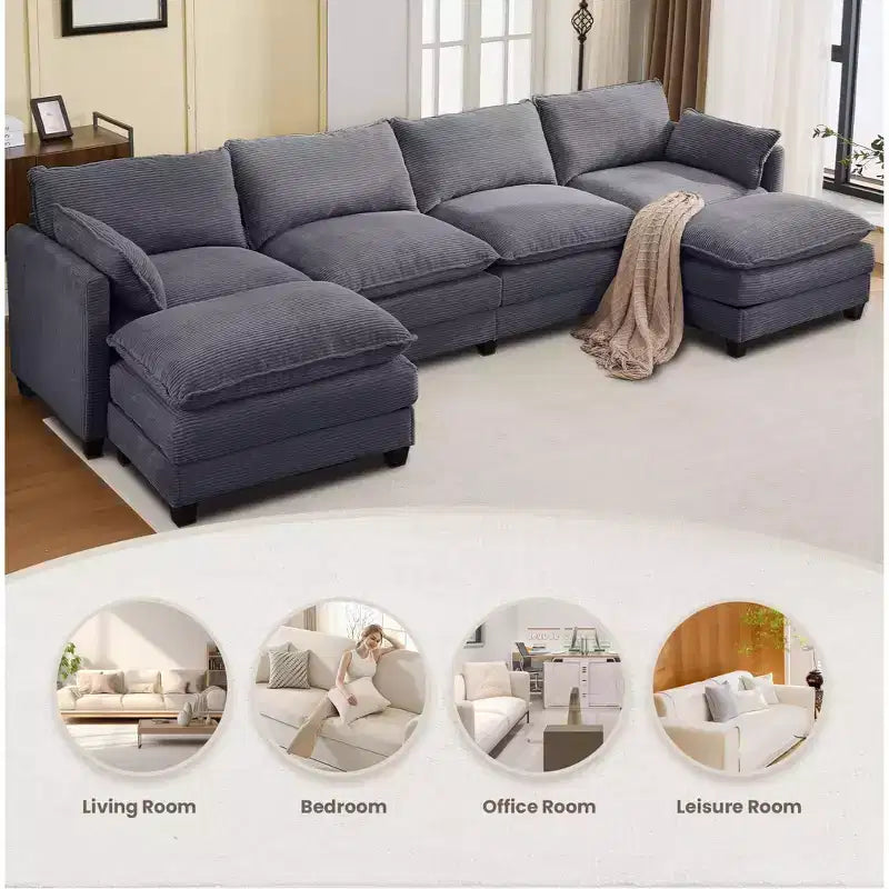 Canapé sectionnel en velours côtelé en forme de U Hyleory, canapé 4 places avec 2 poufs mobiles, mobilier de salon modulable