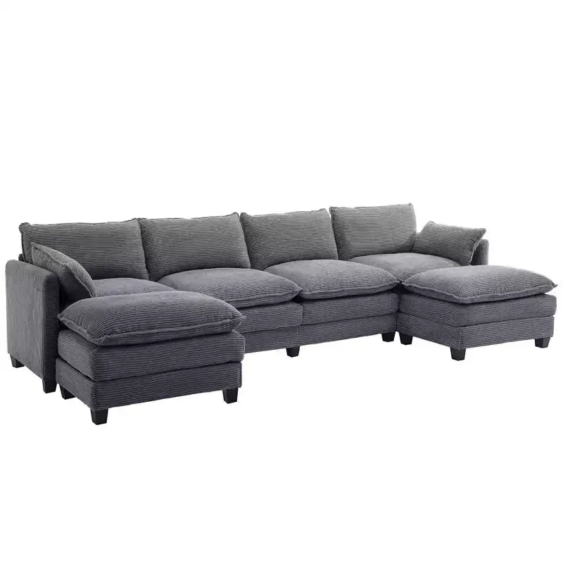 Canapé sectionnel en velours côtelé en forme de U Hyleory, canapé 4 places avec 2 poufs mobiles, mobilier de salon modulable