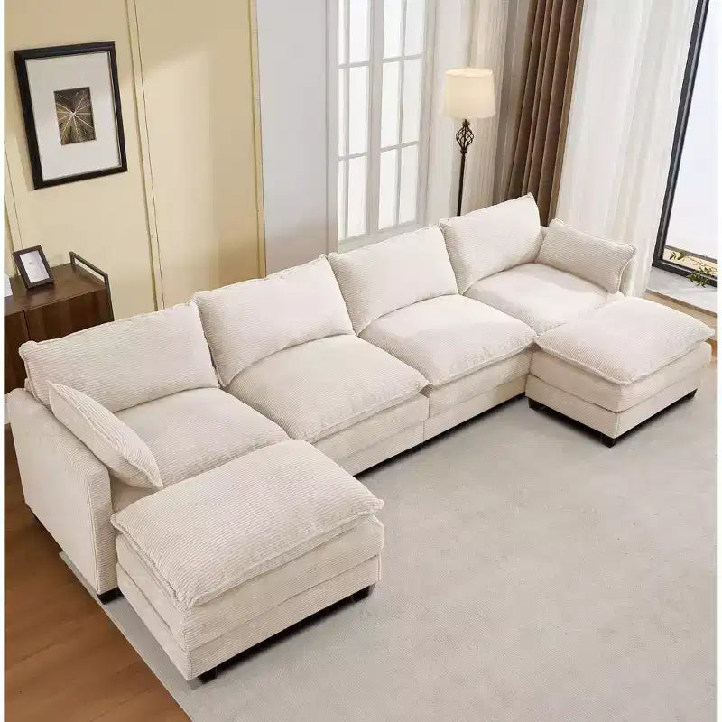 Canapé sectionnel en velours côtelé en forme de U Hyleory, canapé 4 places avec 2 poufs mobiles, mobilier de salon modulable
