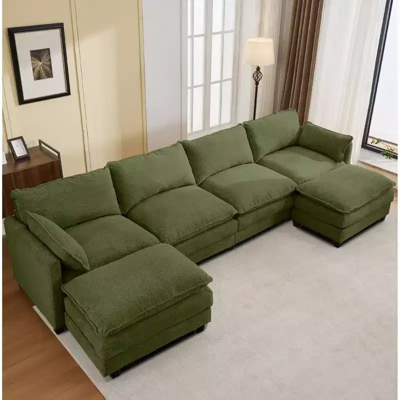 Canapé sectionnel en velours côtelé en forme de U Hyleory, canapé 4 places avec 2 poufs mobiles, mobilier de salon modulable