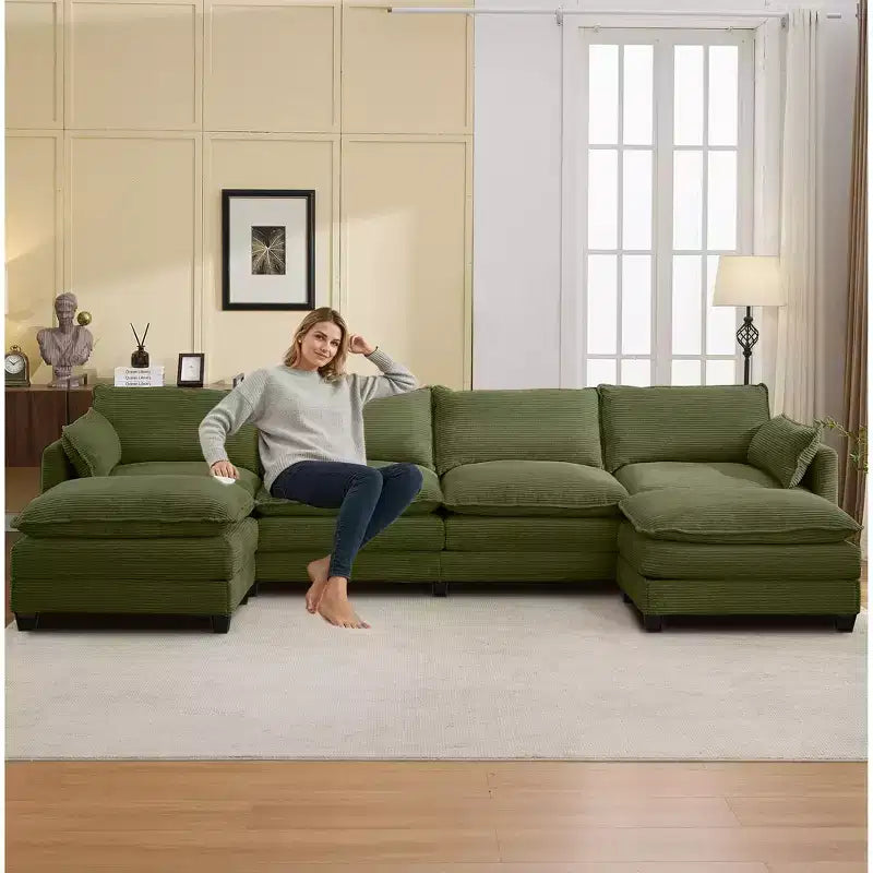 Canapé sectionnel en velours côtelé en forme de U Hyleory, canapé 4 places avec 2 poufs mobiles, mobilier de salon modulable