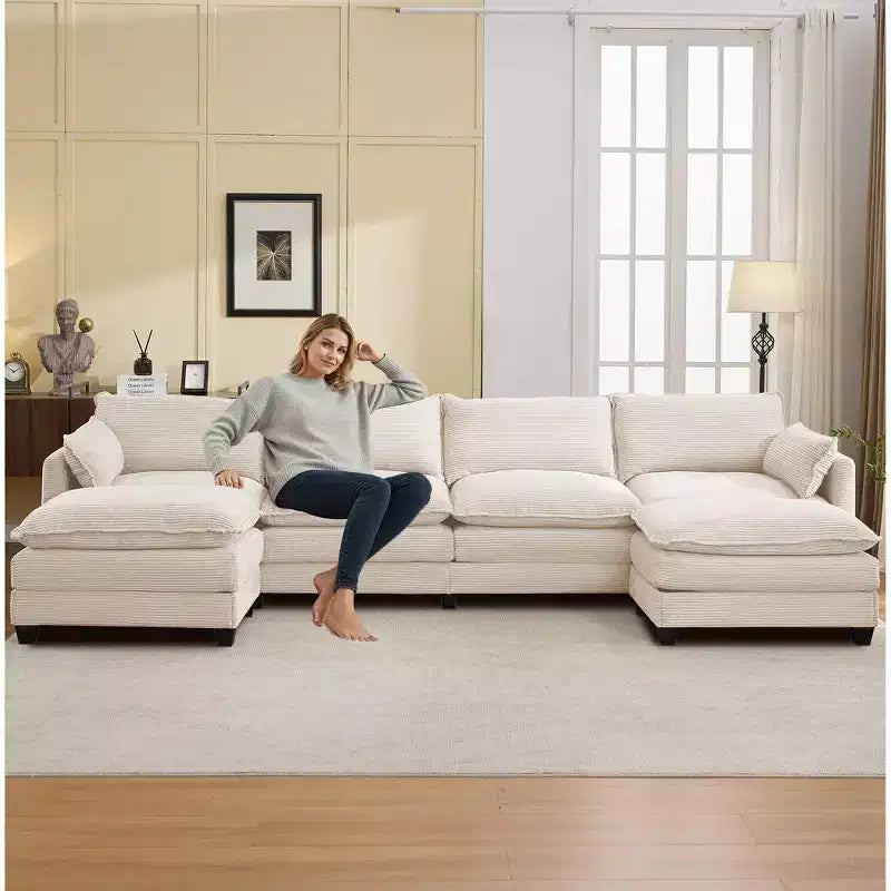 Canapé sectionnel en velours côtelé en forme de U Hyleory, canapé 4 places avec 2 poufs mobiles, mobilier de salon modulable