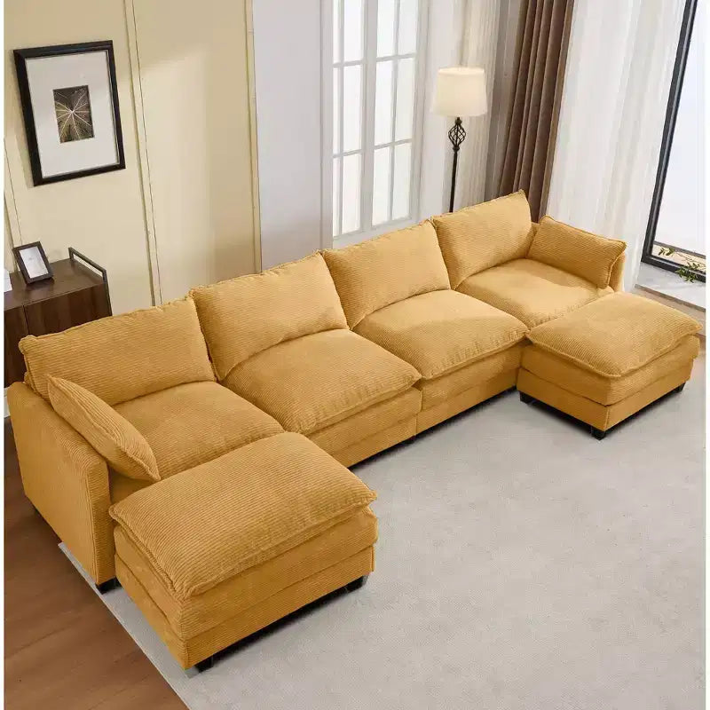 Canapé sectionnel en velours côtelé en forme de U Hyleory, canapé 4 places avec 2 poufs mobiles, mobilier de salon modulable