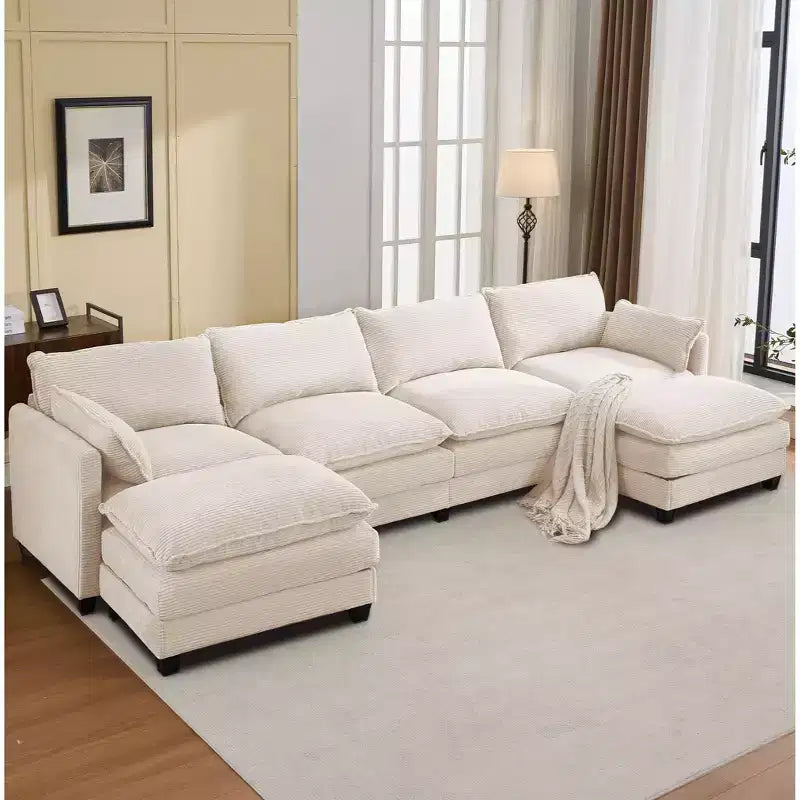 Canapé sectionnel en velours côtelé en forme de U Hyleory, canapé 4 places avec 2 poufs mobiles, mobilier de salon modulable