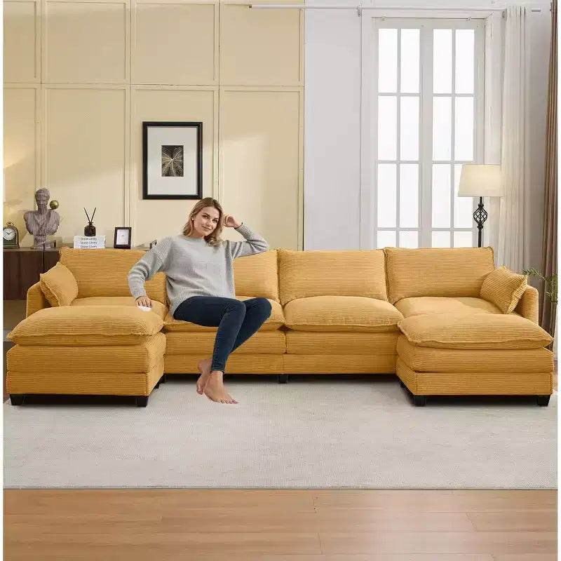 Canapé sectionnel en velours côtelé en forme de U Hyleory, canapé 4 places avec 2 poufs mobiles, mobilier de salon modulable