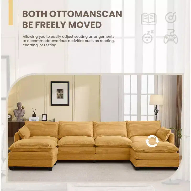 Canapé sectionnel en velours côtelé en forme de U Hyleory, canapé 4 places avec 2 poufs mobiles, mobilier de salon modulable
