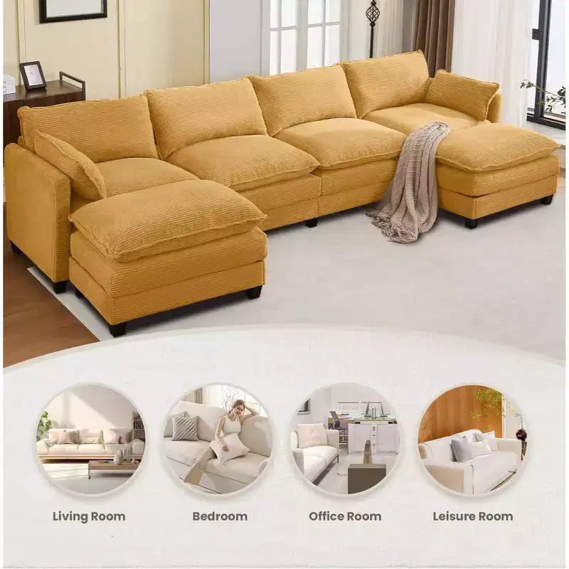 Canapé sectionnel en velours côtelé en forme de U Hyleory, canapé 4 places avec 2 poufs mobiles, mobilier de salon modulable