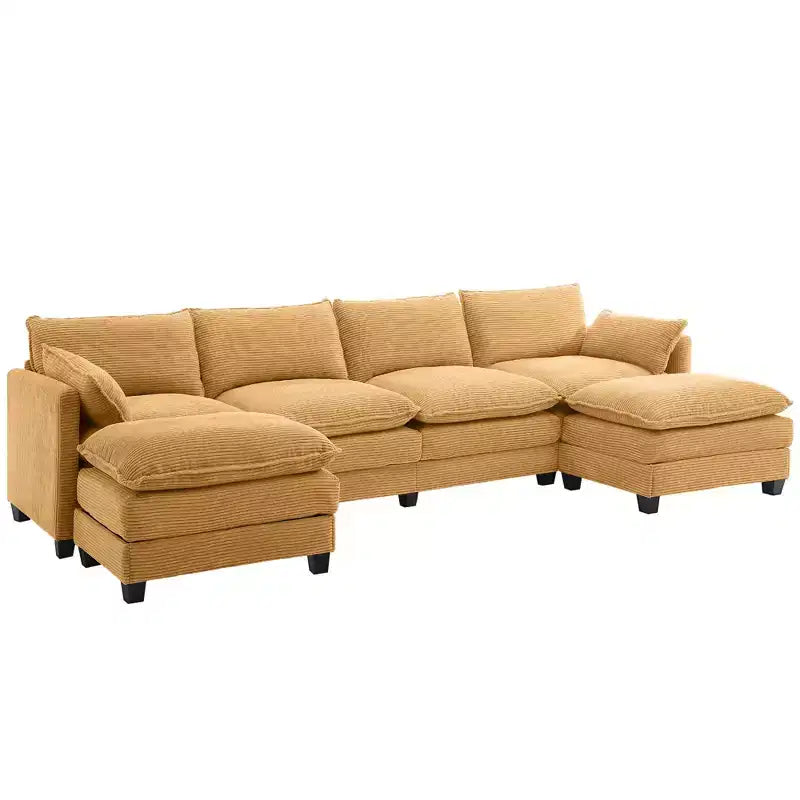 Canapé sectionnel en velours côtelé en forme de U Hyleory, canapé 4 places avec 2 poufs mobiles, mobilier de salon modulable