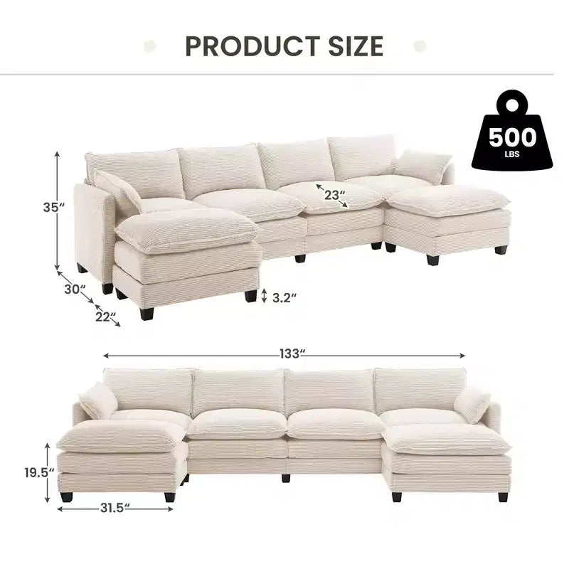 Canapé sectionnel en velours côtelé en forme de U Hyleory, canapé 4 places avec 2 poufs mobiles, mobilier de salon modulable