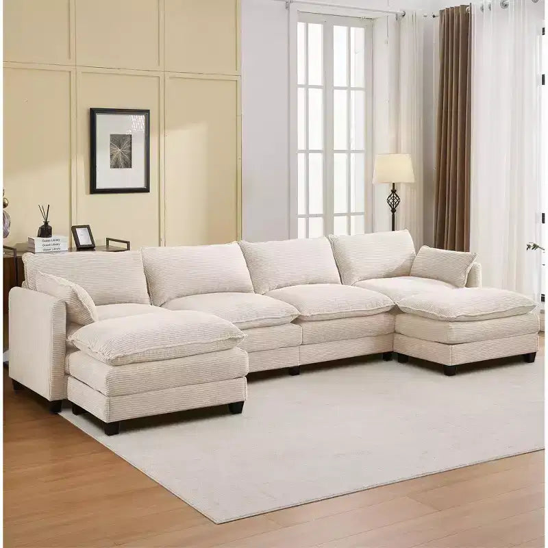 Canapé sectionnel en velours côtelé en forme de U Hyleory, canapé 4 places avec 2 poufs mobiles, mobilier de salon modulable