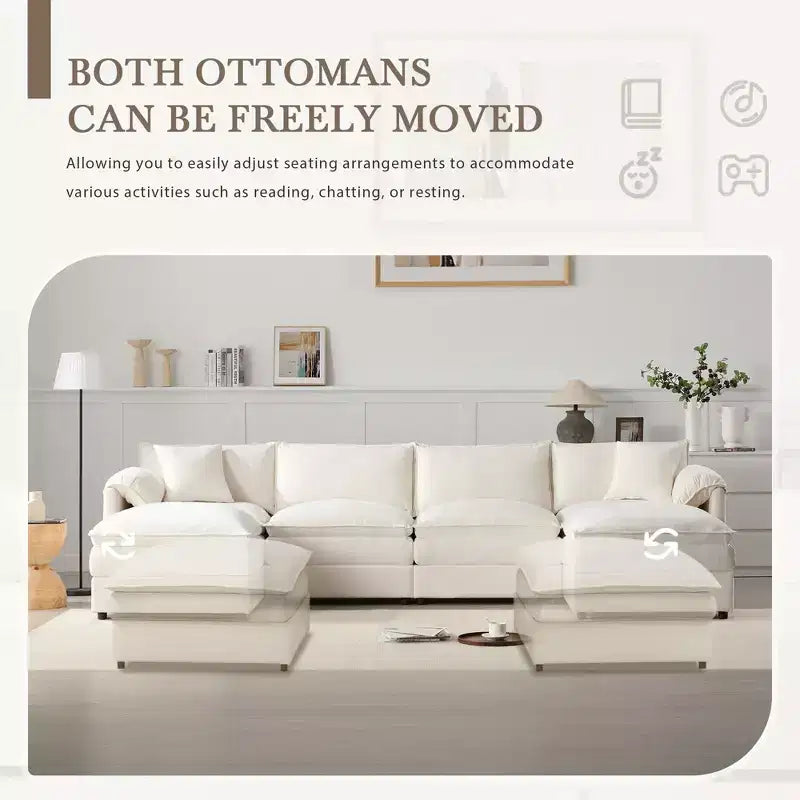 Canapé modulaire sectionnel en U 6 pièces en chenille Polibi avec deux poufs et des coussins à double couche