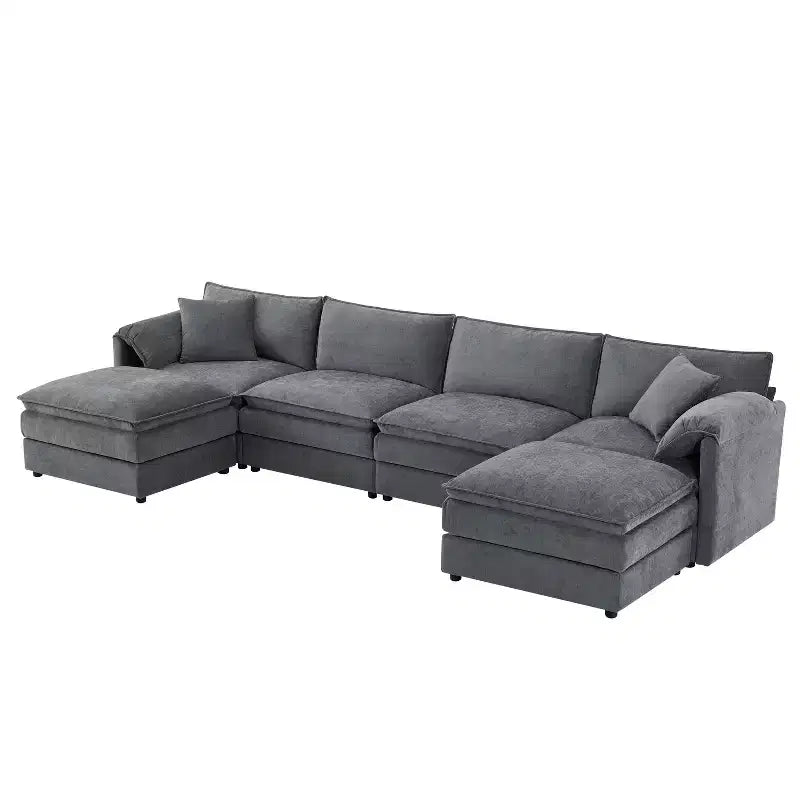 Canapé modulaire sectionnel en U 6 pièces en chenille Polibi avec deux poufs et des coussins à double couche