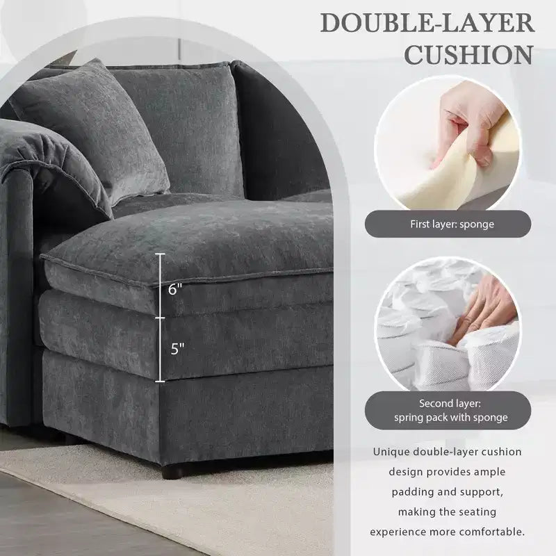 Canapé modulaire sectionnel en U 6 pièces en chenille Polibi avec deux poufs et des coussins à double couche