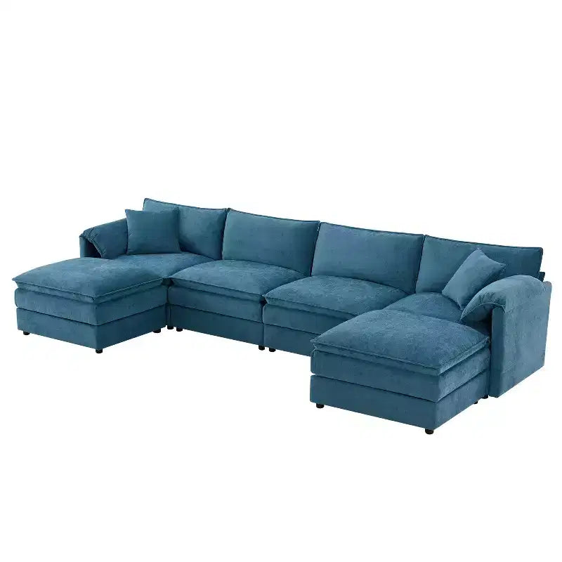 Canapé modulaire sectionnel en U 6 pièces en chenille Polibi avec deux poufs et des coussins à double couche